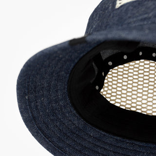 detail underbrim view of ciele athletics GOBucket unisex running bucket hat from the Lifestyle Edition collection, in denim indigo color