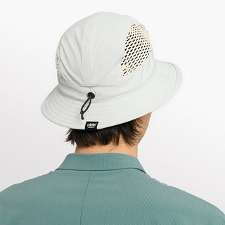back view of ciele athletics GOBucket unisex running bucket hat from the Lifestyle Edition collection, in light grey color, on a model