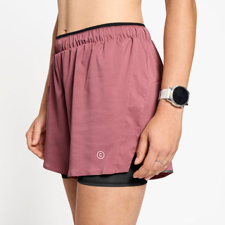 close front view of ciele athletics DLYShort 4 inch with a long brief in deco rose color on a model