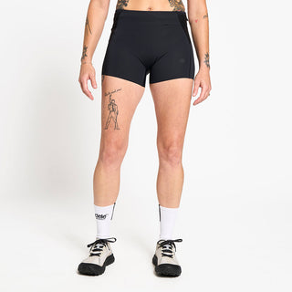 front view of the ciele athletics race ready and performance driven 3.5 inches tights short for womens named CRGTight in shadowsphinx color, on a model