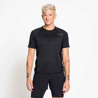 front view of the ciele athletics lightweight, race ready and performance driven T-Shirt for womens named RCDTShirt in shadowsphinx color, on a model