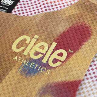 close up of the ciele logo of the ciele athletics lightweight, race ready and performance driven Singlet for womens named RDCRPSinglet in sphinx color