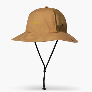 front view of the ciele athletics TRLBucket unisex running bucket hat in dark ochre color, with the underchin adjustement