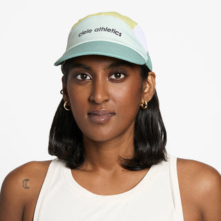 front view of ciele athletics GOCap SC Field Loopy unisex running hat in dusty turquoise color on a model